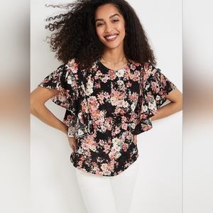 Black Floral Flutter Sleeve Blouse NWT Size Large